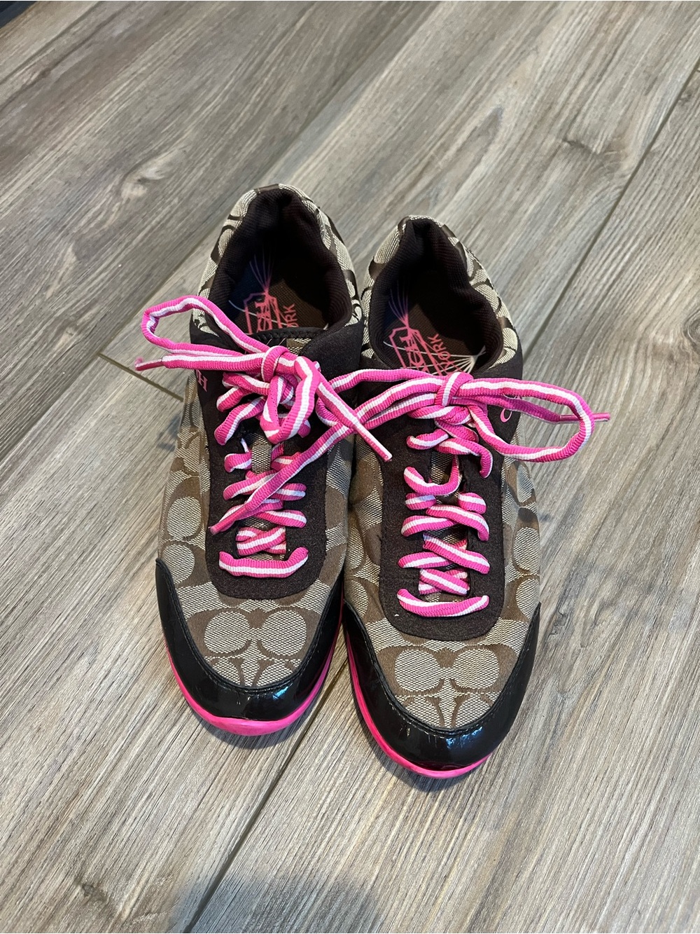 Coach Women's Logo Sneakers in Brown with Pink Accents 9.5